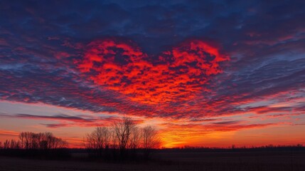 Fototapeta premium Red heart shaped clouds at sunset. Beautiful love background with copy space.Valentine's Day concept.