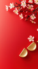 Chinese New Year. Blooming cherry blossoms with golden fortune cookies on a red background.