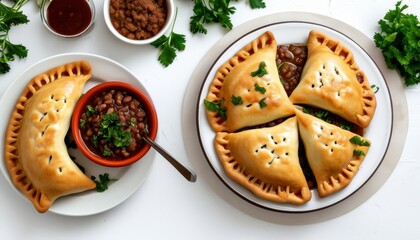 Top View of Argentinian Empanadas with Sauce and Bean Dip Garnished with Fresh Cilantro