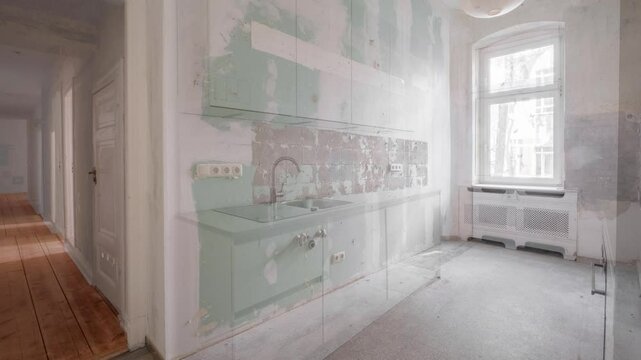 New kitchen before and after renovation - Home Improvement concept