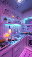 Worms-eye view, vibrant neon kitchen, futuristic cooking gadgets, culinary creativity abounds, glowing food preparations, stunning color contrasts, a feast for the senses