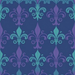 Fleur-de-lis Seamless Pattern: This intricate, repeating pattern of fleur-de-lis in shades of teal and purple on a deep blue background evokes a sense of elegance, history, and sophistication.  