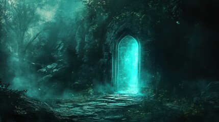 Mystical Stone Archway with Glowing Light in a Foggy Forest