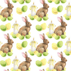 Easter festive seamless pattern with colorful eggs, brown bunny and white candle. Watercolor hand drawn background for spring kitchen fabric, textile decor, Happy easter party invitation design