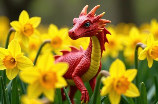 red dragon toy amidst vibrant yellow daffodils symbolizing st. david's day celebration. springtime floral scene highlighting welsh holiday tradition. greeting card, poster.