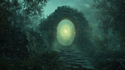 Stone archway leading to a glowing portal in a misty forest
