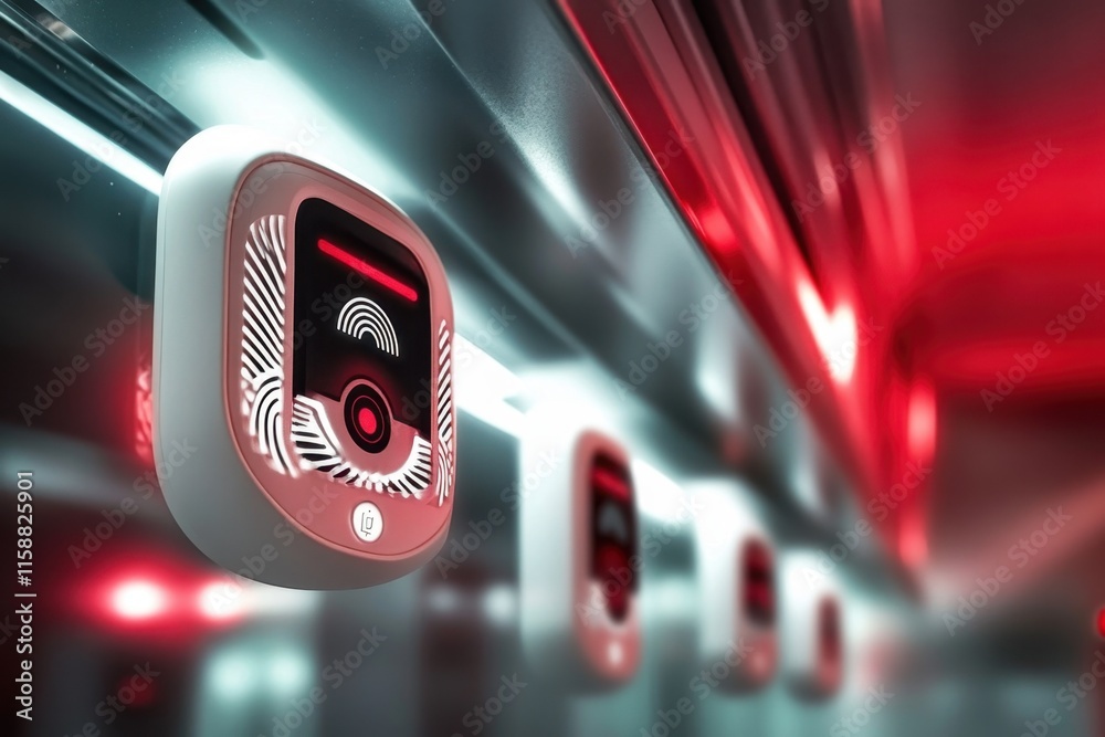 Poster technology interface with biometric scanner glowing in red light in a modern setting