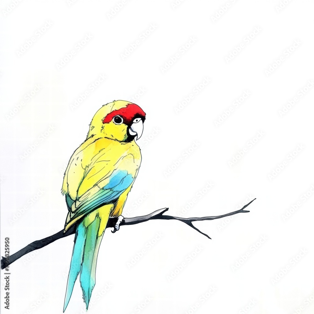 Poster Brightly colored parrot perched on a branch with ample space for text or design elements. Generative AI