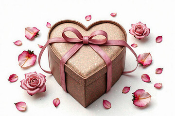 A heart-shaped box of chocolates is surrounded by pink ribbon and flower petals. Concept of love and romance, as the heart-shaped box and the pink ribbon symbolize affection and warmth