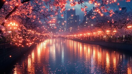Night cityscape with cherry blossoms reflected in canal water.