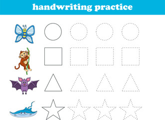 Handwriting Practice. Tracing lines of different shape for kids with animals. Vector Illustration