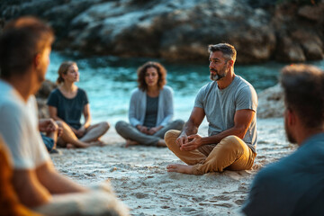 Group therapy session on the beach at sunset.