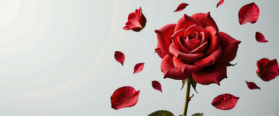 A bouquet of red roses with a white background. The roses are scattered around the background, giving the impression of petals floating in the air. Concept of beauty, love, and romance