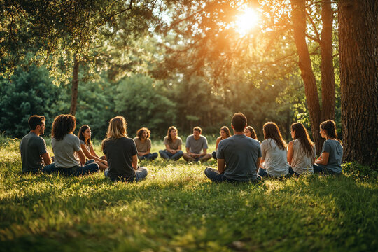 Group therapy session in nature at sunset gathering.