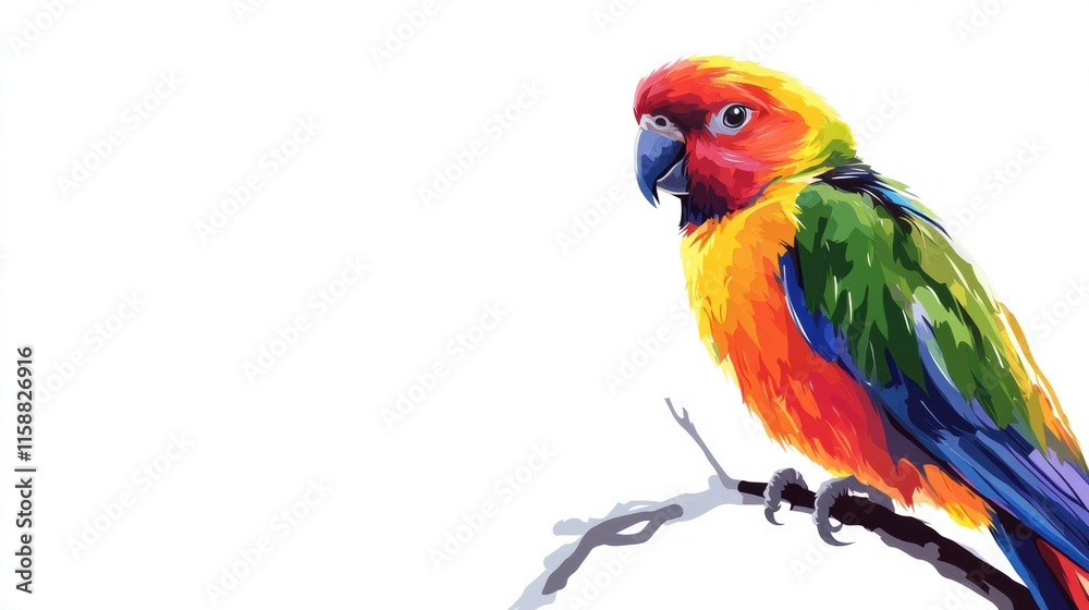 Poster Bright parrot perched on a branch with vibrant colors and ample space for text or message. Generative AI