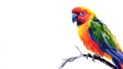Fototapeta premium Bright parrot perched on a branch with vibrant colors and ample space for text or message. Generative AI
