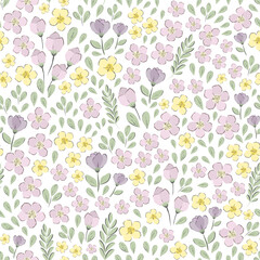 Vector illustration. Seamless pattern of pastel purple, yellow flowers on a light background. Delicate floral pattern, field of small  flowers, print for fabric, textile, wallpaper, baby clothes,