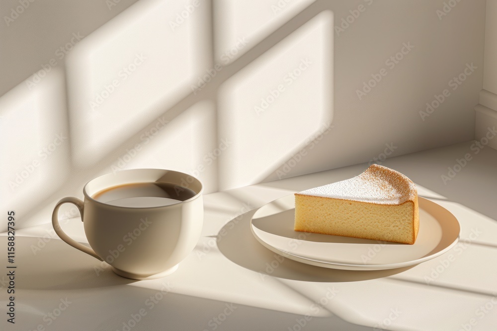 Canvas Prints A cup of coffee and a slice of cheesecake on a white plate, both dusted with powdered sugar, sit on a white counter in front of a window.