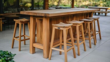 Teak wood bar stools arranged around a rustic teak wood bar, for an outdoor gathering,