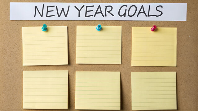 New year goals planning office space sticky notes bright environment overhead view