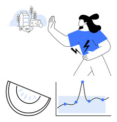 Person turns away from foods thumbs up milk bread cheese, and fish toward healthy choices. Ideal for illustrating dietary balance, energy, decision-making, health trends, lifestyle, analytics. Line