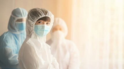 Fototapeta premium Pediatric hospital ward featuring dedicated medical professionals in protective gear, emphasizing compassionate care and safety in healthcare environments.