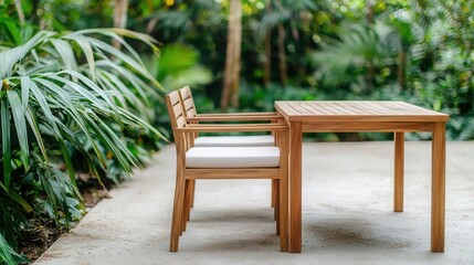 Obraz premium Teak wood outdoor furniture set, including a table and chairs in a tropical garden, eco-friendly outdoor living