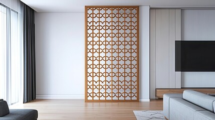 Fototapeta premium Teak wood room with intricate lattice design, eco-friendly concept, stylish partition