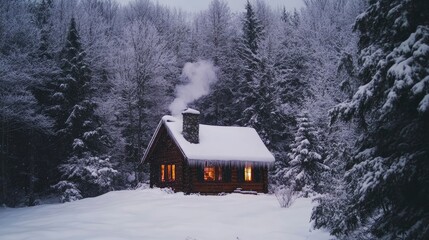 A charming cabin nestled in the woods, smoke curling from its chimney, surrounded by snow-covered pines and a soft blanket of fresh snow.