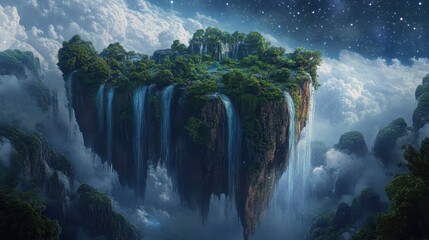 Floating Island with Cascading Waterfalls Under a Starry Sky