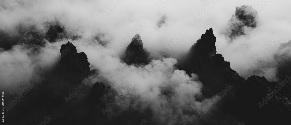 Poster ethereal fog envelops jagged mountain peaks creating a mystical atmosphere