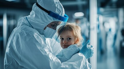 Pediatric hospital ward featuring dedicated medical professionals in protective gear, emphasizing compassionate care and safety in healthcare environments.