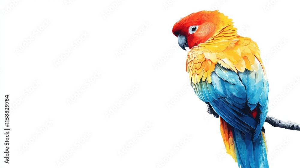 Poster bright parrot perched on a branch with vibrant colors in a tranquil setting featuring ample copy spa
