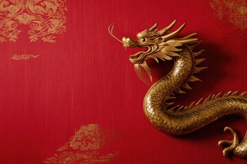 Obraz premium Minimalist Chinese New Year Design with Golden Dragon on Red Background