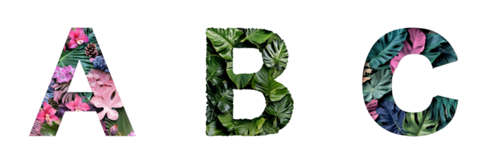 Letters A, B and C made with tropical floral motifs. Evoking paradisiacal landscapes. Hawaii and Polynesia. Paradise alphabet and typography. Transparent PNG