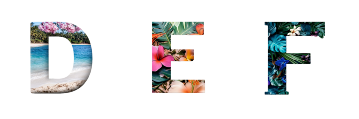 Letters D, E and F made with tropical floral motifs. Evoking paradisiacal landscapes. Hawaii and Polynesia. Paradise alphabet and typography. Transparent PNG