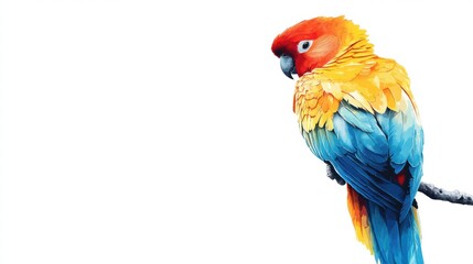 Fototapeta premium Bright parrot perched on a branch with vibrant colors in a tranquil setting featuring ample copy space. Generative AI