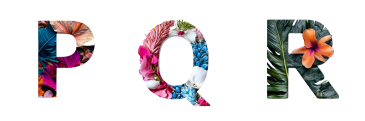 Letters P, Q and R made with tropical floral motifs. Evoking paradisiacal landscapes. Hawaii and Polynesia. Paradise alphabet and typography. Transparent PNG