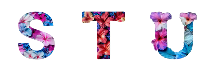 Letters S, T and U made with tropical floral motifs. Evoking paradisiacal landscapes. Hawaii and Polynesia. Paradise alphabet and typography. Transparent PNG