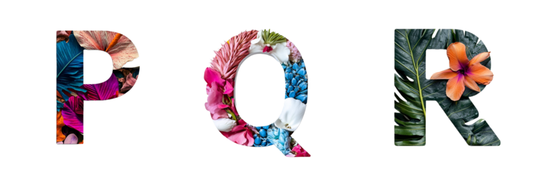 Letters P, Q and R made with tropical floral motifs. Evoking paradisiacal landscapes. Hawaii and Polynesia. Paradise alphabet and typography. Transparent PNG - Powered by Adobe