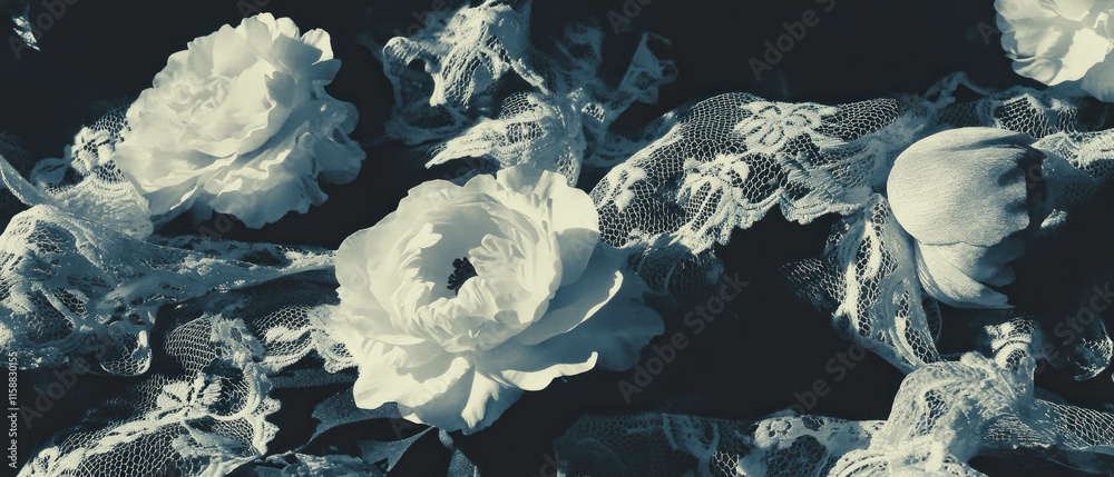 Poster intricate lace design overlay featuring delicate floral elements on a dark background