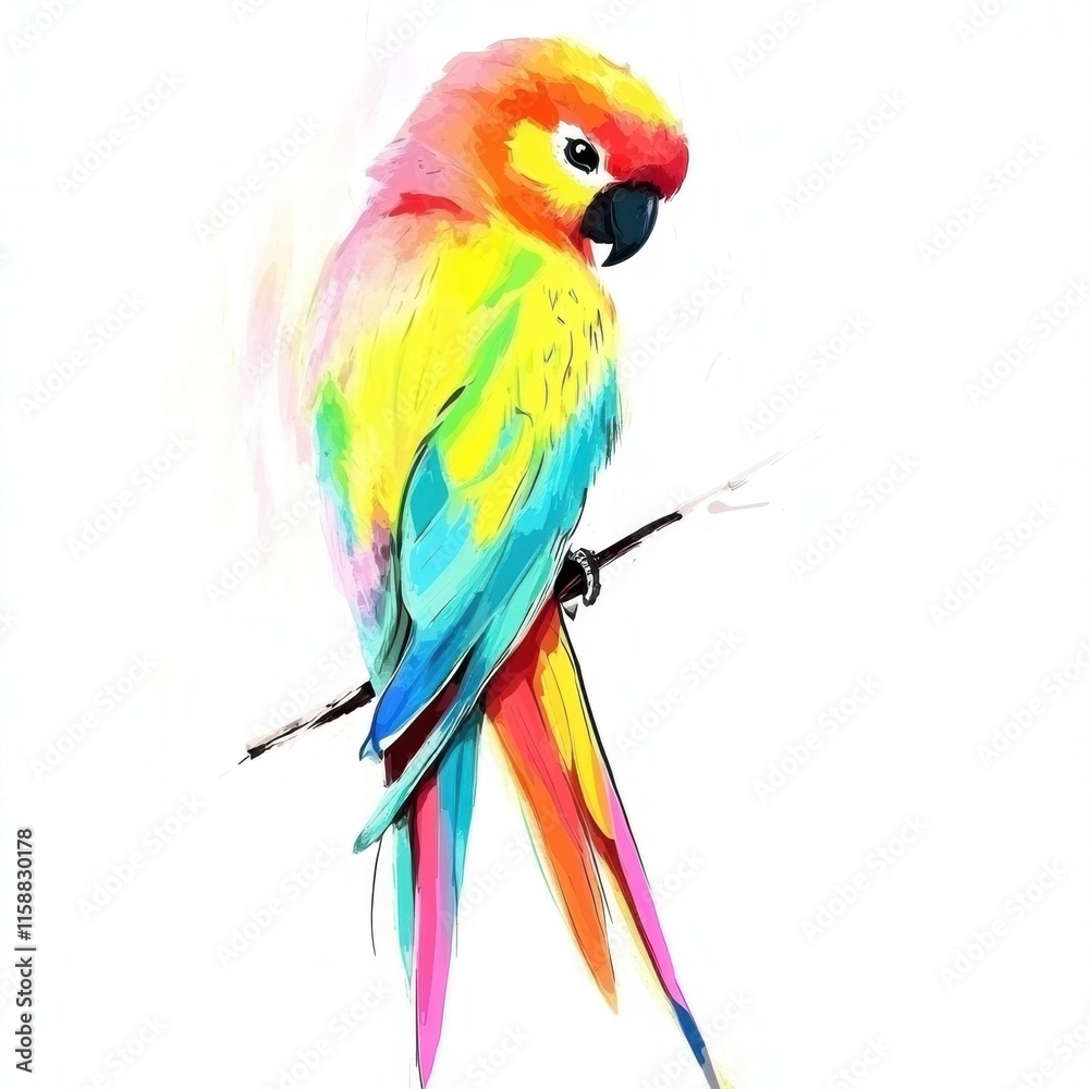 Poster Bright parrot illustration perched on a branch with copy space for text. Generative AI