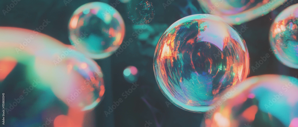 Poster Iridescent bubbles create a mesmerizing overlay texture with vibrant colors and reflections