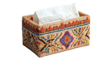 A decorative tissue box featuring intricate woven patterns and vibrant colors.