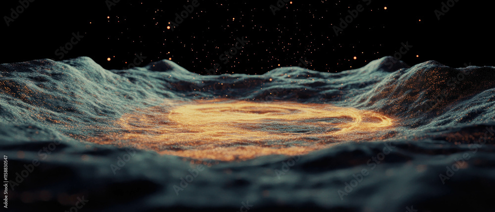 Poster Luminous particles swirl amidst textured landscape creating a mesmerizing visual experience
