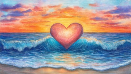 Fototapeta premium painting of heart-shaped in ocean waves at sunset, symbolizing love and romance for Valentine's Day 