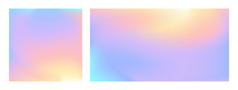 Rainbow sky gradient set. Vector abstract pastel color sunset or sunrise purple sky backdrops. Ombre hologram mirror texture banners. Blurred miracle nacre holograph bg. Soft ombre glow