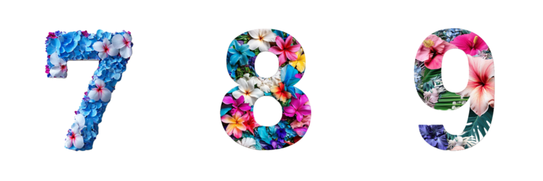 Numbers 7, 8 and 9 made with tropical floral motifs. Evoking paradisiacal landscapes. Hawaii and Polynesia. Paradise alphabet and typography. Transparent PNG - Powered by Adobe