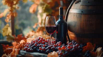 autumn countryside wine background; vine, red wine bottles, wineglass, wine barrel; wine tasting concept 