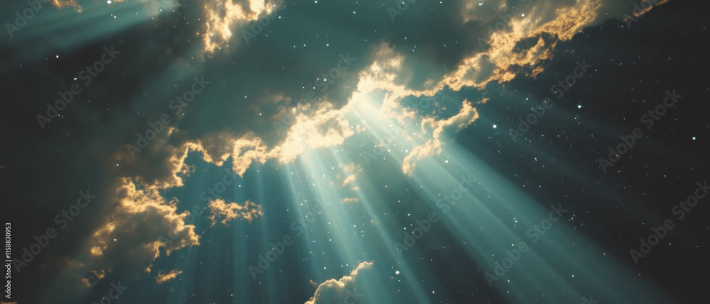 Aufkleber radiant sunbeams shining through clouds in a serene sky during daylight hours